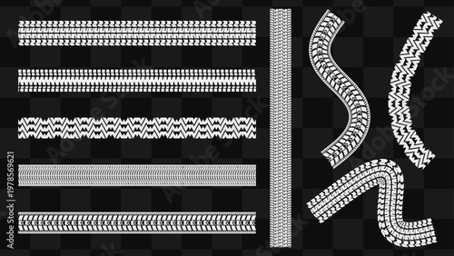 Simple tire track seamless pattern brush set, white curved marks
