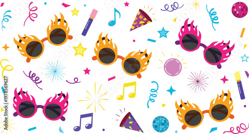Colorful party sunglasses with flames seamless pattern featuring music notes confetti disco balls streamers and festive celebration elements flat vector illustration