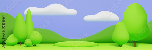 Cute 3D kids park background with green grass hills, blue sky with white fluffy clouds and podium stand. Cartoon children playground scene with trees, nature spring field landscape in plasticine style