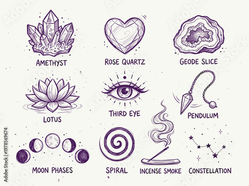 Hand-drawn crystal and healing icons featuring amethyst, rose quartz, geode, pendulum, and celestial symbols