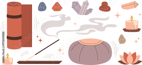 Spa wellness relaxation concept with incense aroma smoke candles hot stones crystals yoga mat meditation cushion and lotus flower flat vector illustration