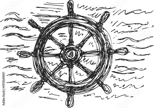 Hand drawn ship wheel illustration nautical steering helm with waves background maritime vintage sketch concept