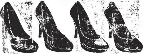 Vintage high heel shoes illustration in black and white classic feminine footwear collection