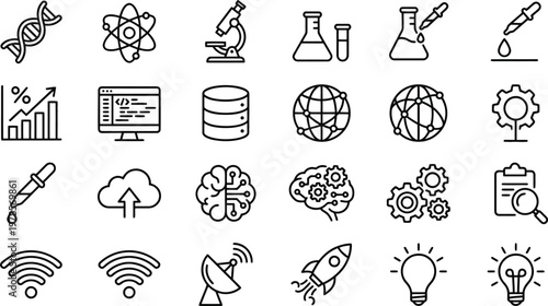 Vector graphic illustration of various science and technology icons including DNA, atom, microscope, beaker, and computer symbols