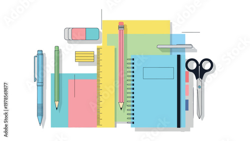 Colorful Stationery Arrangement: A meticulously curated assortment of stationery supplies, perfectly arranged to inspire creativity and organization, with vibrant hues and diverse tools.