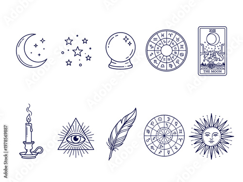 Minimalist astrology and moon icons: celestial symbols, zodiac wheel, crystal ball and tarot cards
