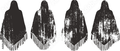 silhouettes of woman in shawl with fringes, casual boho cloaks, fashion accessory outerwear