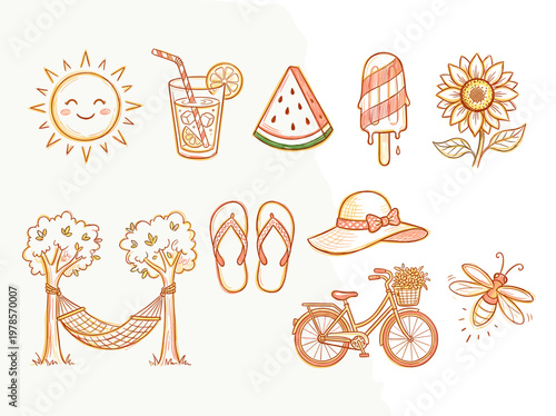 Hand-drawn summer icon set: sun, lemonade, watermelon, popsicle and sunflower in yellow and coral