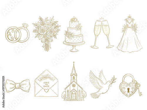 Wedding icons set: ivory gold sketch lines, rings, bouquet, cake, dress, and champagne glasses