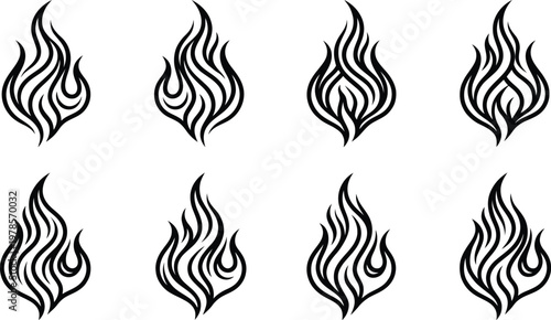 Vector graphic illustration of eight black flame designs on white background