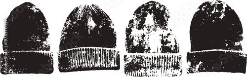 Black and white knitted beanies set four winter hats with ribbed cuffs cozy warm headwear collection