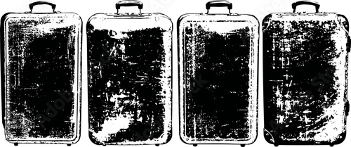 worn vintage suitcases lined up in a row, textured black and white luggage collection