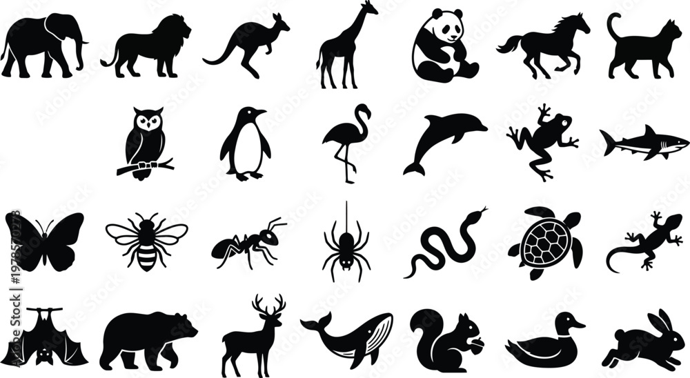 Fototapeta premium Black animal silhouettes collection, 27 wildlife icons in EPS format, minimalist zoo and nature fauna symbols for educational design