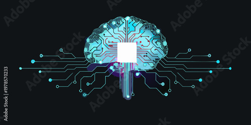 Digital brain with glowing circuitry and a central processing unit