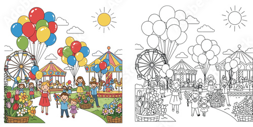 Happy children having fun at an amusement park with balloons and carousel coloring book page for kids with colored version and line art illustration