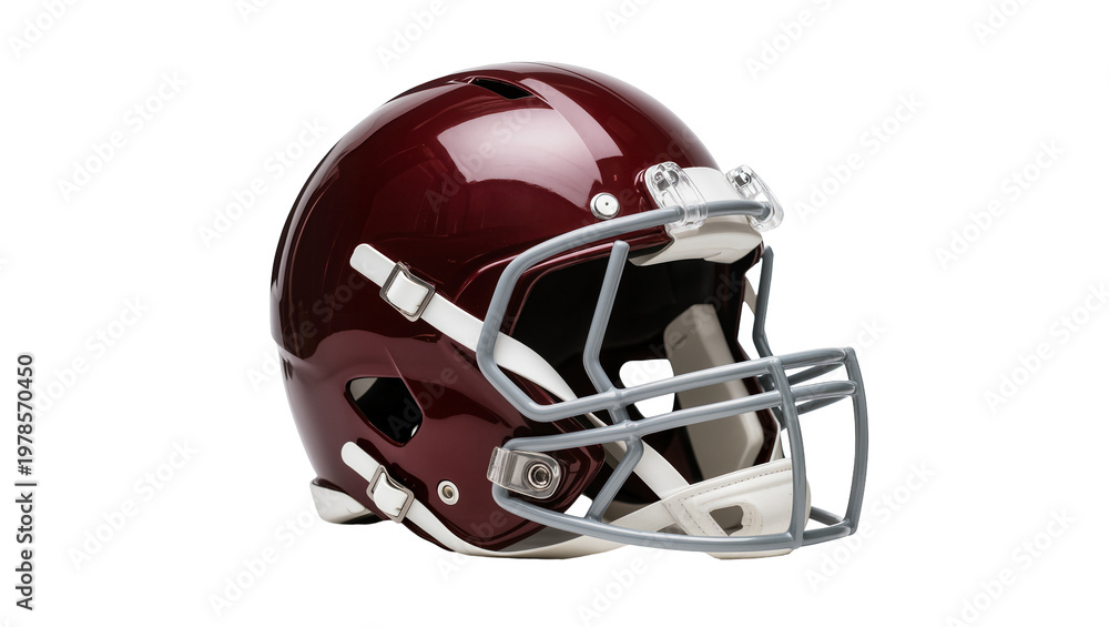 Fototapeta premium Maroon American football helmet with grey facemask, isolated on transparent background