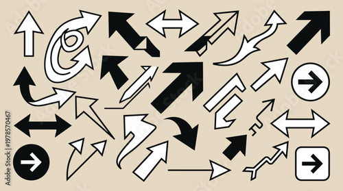 A collection of various black and white arrows pointing in different directions on a beige background for design and graphic use