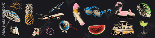 Summer vacation halftone cutout set. Travel pop art stickers