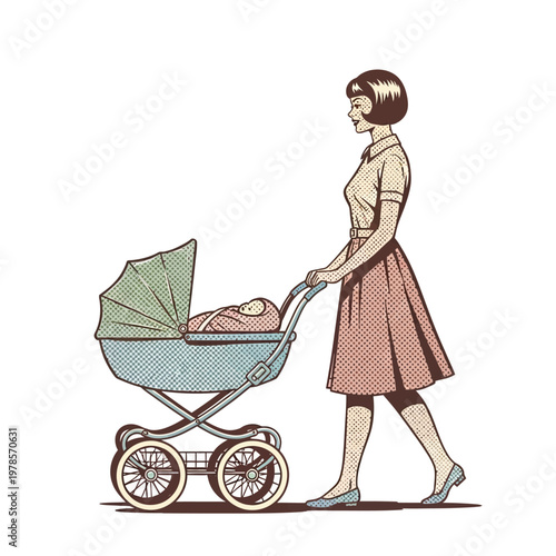 Woman pushing baby stroller with sleeping infant outside