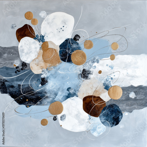 Colorful abstract art with shapes and lines in blue, gold, and white on a gray backgroundl, wall art poster