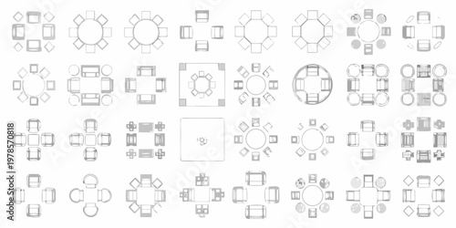 Overhead view of various furniture arrangements and table layouts