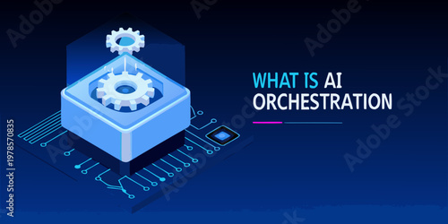 Isometric illustration depicting ai orchestration with gears and digital circuits