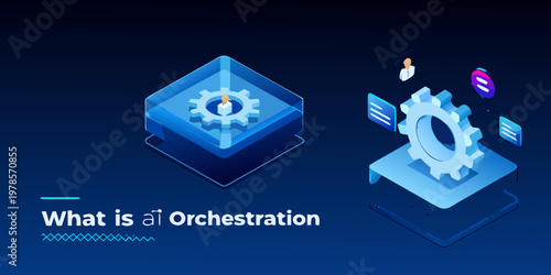 Tableau sur toile Isometric illustration depicting ai orchestration with interlocking gears and hu