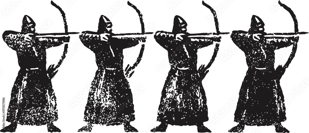 Naklejka premium four archers aiming with bows in silhouette style, historical warrior figures, archery practice scene
