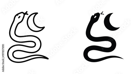 Contrasting depictions of a serpentine creature in minimalist line art style