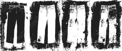 Four grunge pants silhouettes in black and white with textured distressed effects