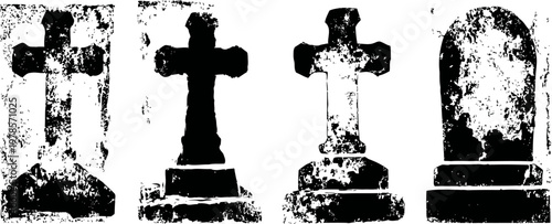 vintage black and white tombstones silhouettes with worn and aged texture on white background