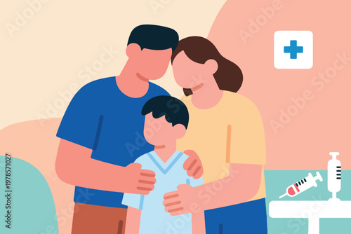 A boy accompanied by his two parents for vaccination Illustration Creative Design Template 