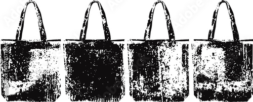 Set of grunge tote bags silhouettes with handles in different worn textures and shading variations