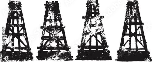 rustic oil derricks silhouettes with distressed texture, vintage industrial mining structures