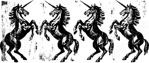 Four vintage unicorn illustrations rearing up on hind legs in black and white ink