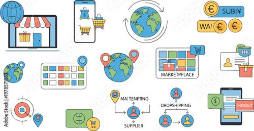 Global ecommerce and marketplace icons set featuring online store, dropshipping, payment methods, supplier network, world map navigation and digital shopping vector illustration