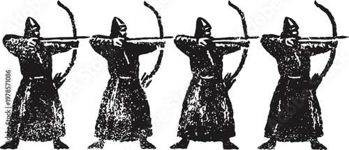 four archers aiming with bows in silhouette style, historical warrior figures, archery practice scene