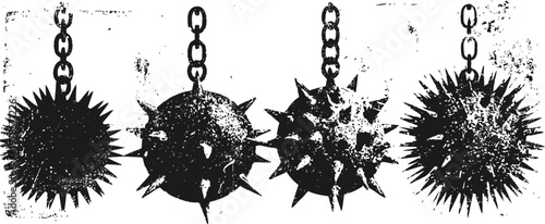 Medieval spiked flails weapon collection vintage hand drawn battle mace with chains historical combat blunt weapons illustration