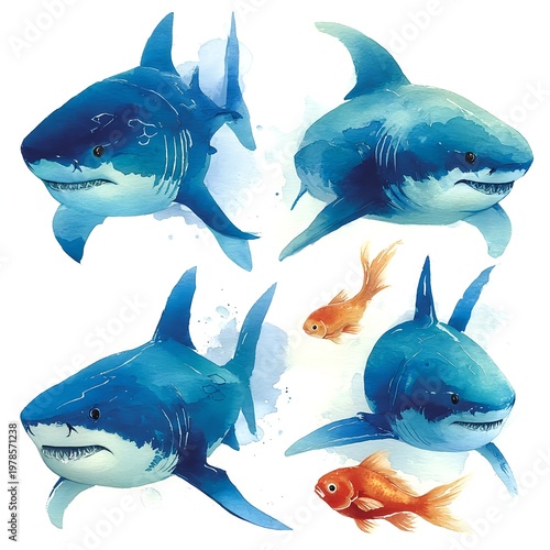 Set of colorful watercolor sharks isolated on white background