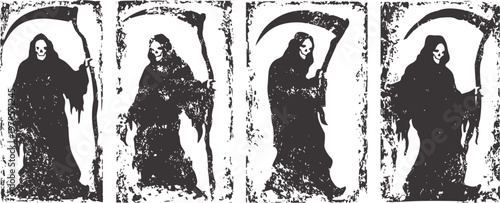 grim reaper silhouette in various poses holding scythe, dark gothic horror character set