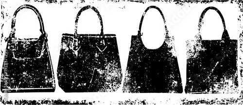 Four different black handbags with short handles displayed in a row on a light background