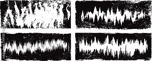 Four abstract grunge sound waveforms in black and white, distressed audio signal patterns design
