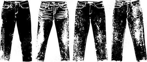 Four grunge textured jeans silhouettes in black and white vintage style, denim pants shapes collection