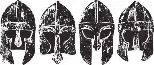 grunge viking warrior helmets set with distressed texture and medieval armor design