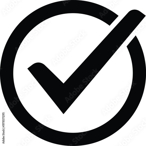 A large black checkmark inside a circle on a white background, symbolizing confirmation or approval in a simple vector graphic design