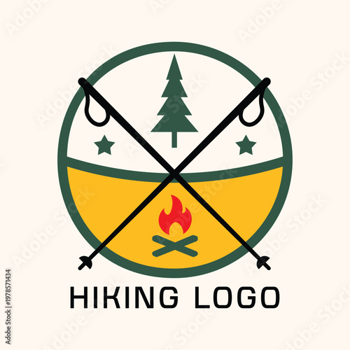 Hiking logo badge with crossed trekking poles and campfire