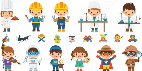 Children's Career and Hobby Character Collection with Various Professions and Toys – Vector Illustration Set