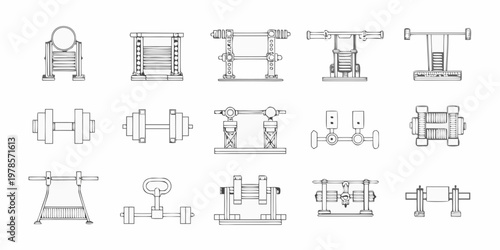 Technical drawings of various mechanical components and industrial equipment
