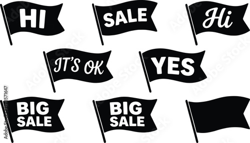 Black flags with various sale and greeting messages for advertising and marketing