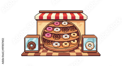 Charming pixel art illustration of a donut shop featuring a circular display shelf filled with colorful treats under a red and white striped awning.